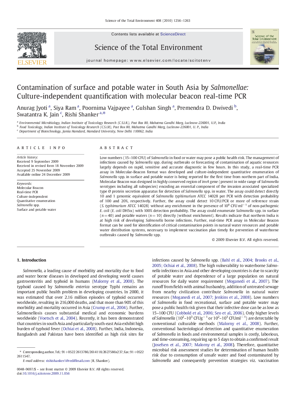 Contamination of surface and potable water in South Asia by Salmonellae: Culture-independent quantification with molecular beacon real-time PCR