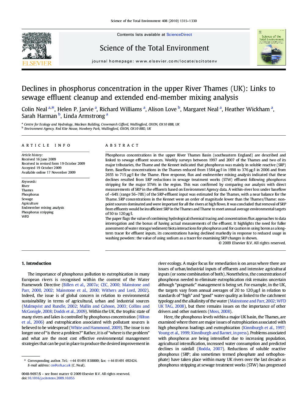 Declines in phosphorus concentration in the upper River Thames (UK): Links to sewage effluent cleanup and extended end-member mixing analysis