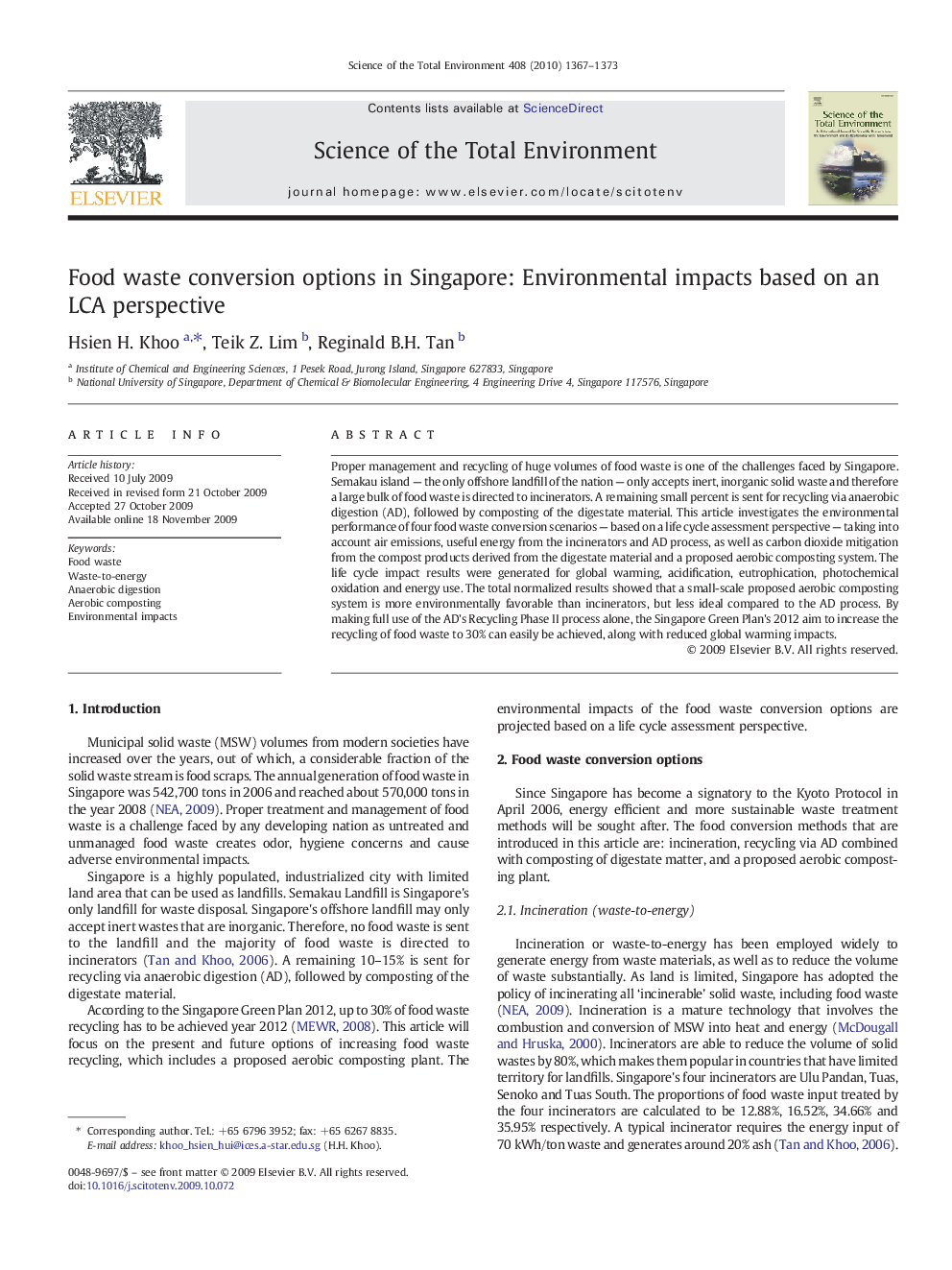 Food waste conversion options in Singapore: Environmental impacts based on an LCA perspective