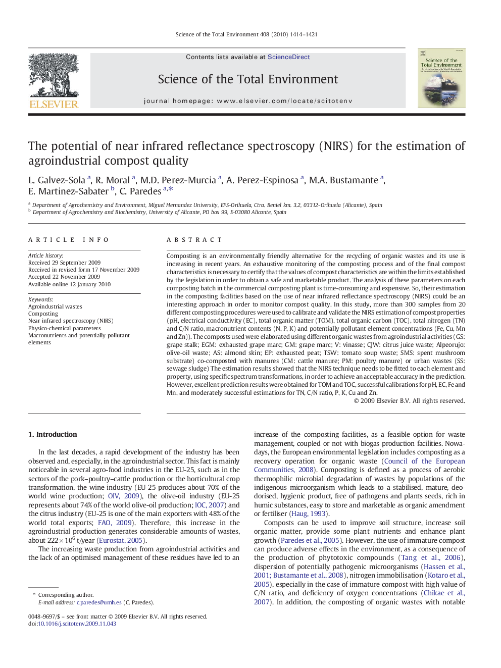 The potential of near infrared reflectance spectroscopy (NIRS) for the estimation of agroindustrial compost quality