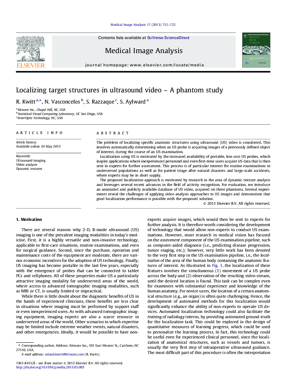 Localizing target structures in ultrasound video – A phantom study