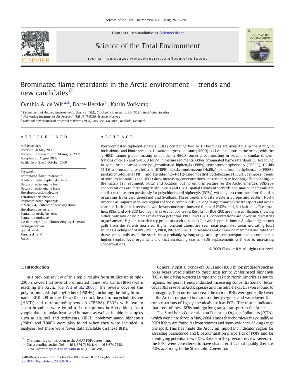 Brominated flame retardants in the Arctic environment — trends and new candidates 