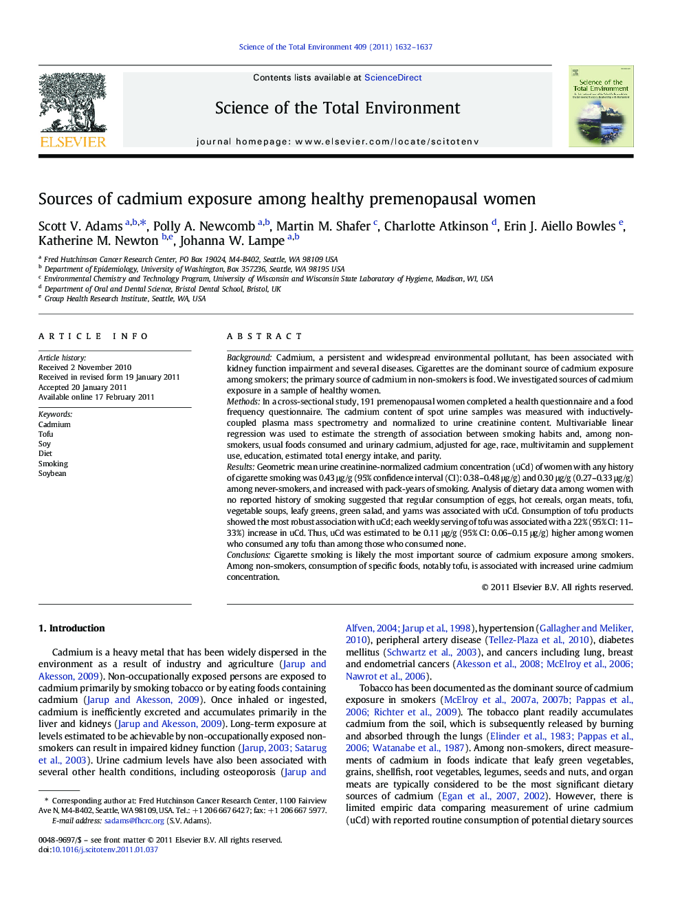 Sources of cadmium exposure among healthy premenopausal women