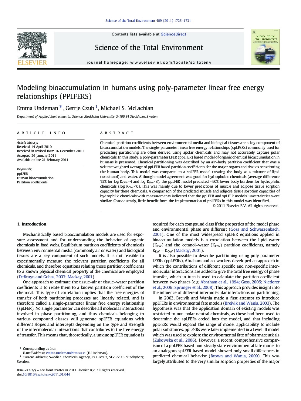 Modeling bioaccumulation in humans using poly-parameter linear free energy relationships (PPLFERS)