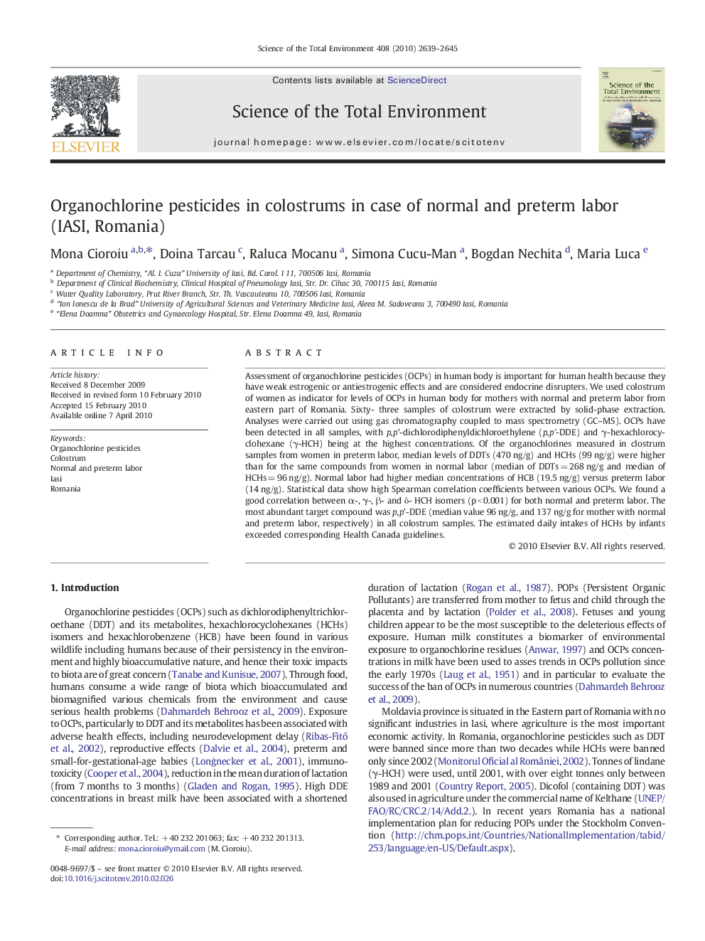 Organochlorine pesticides in colostrums in case of normal and preterm labor (IASI, Romania)