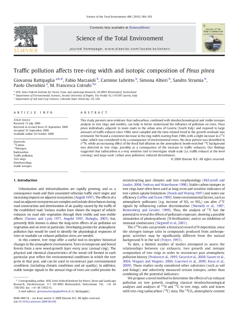 Traffic pollution affects tree-ring width and isotopic composition of Pinus pinea