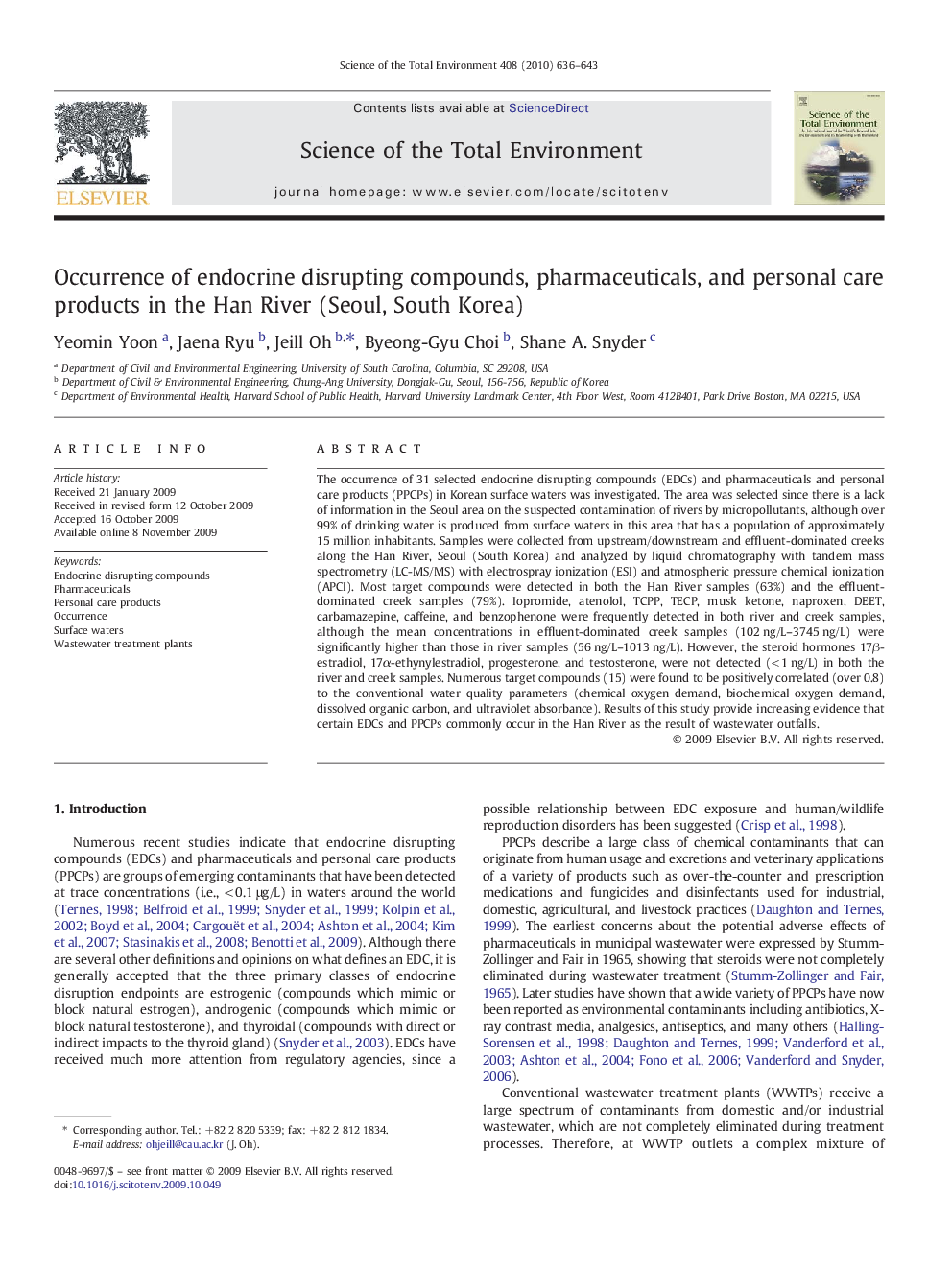 Occurrence of endocrine disrupting compounds, pharmaceuticals, and personal care products in the Han River (Seoul, South Korea)