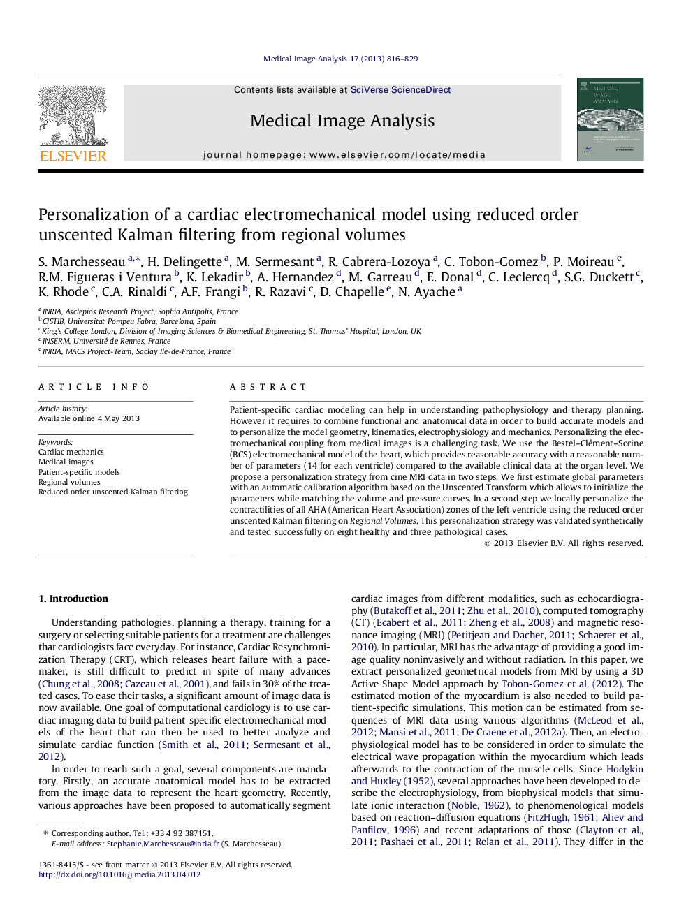 Personalization of a cardiac electromechanical model using reduced order unscented Kalman filtering from regional volumes