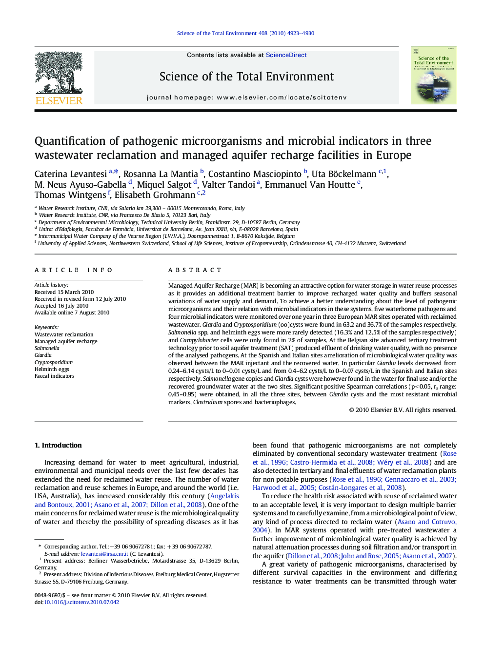 Quantification of pathogenic microorganisms and microbial indicators in three wastewater reclamation and managed aquifer recharge facilities in Europe