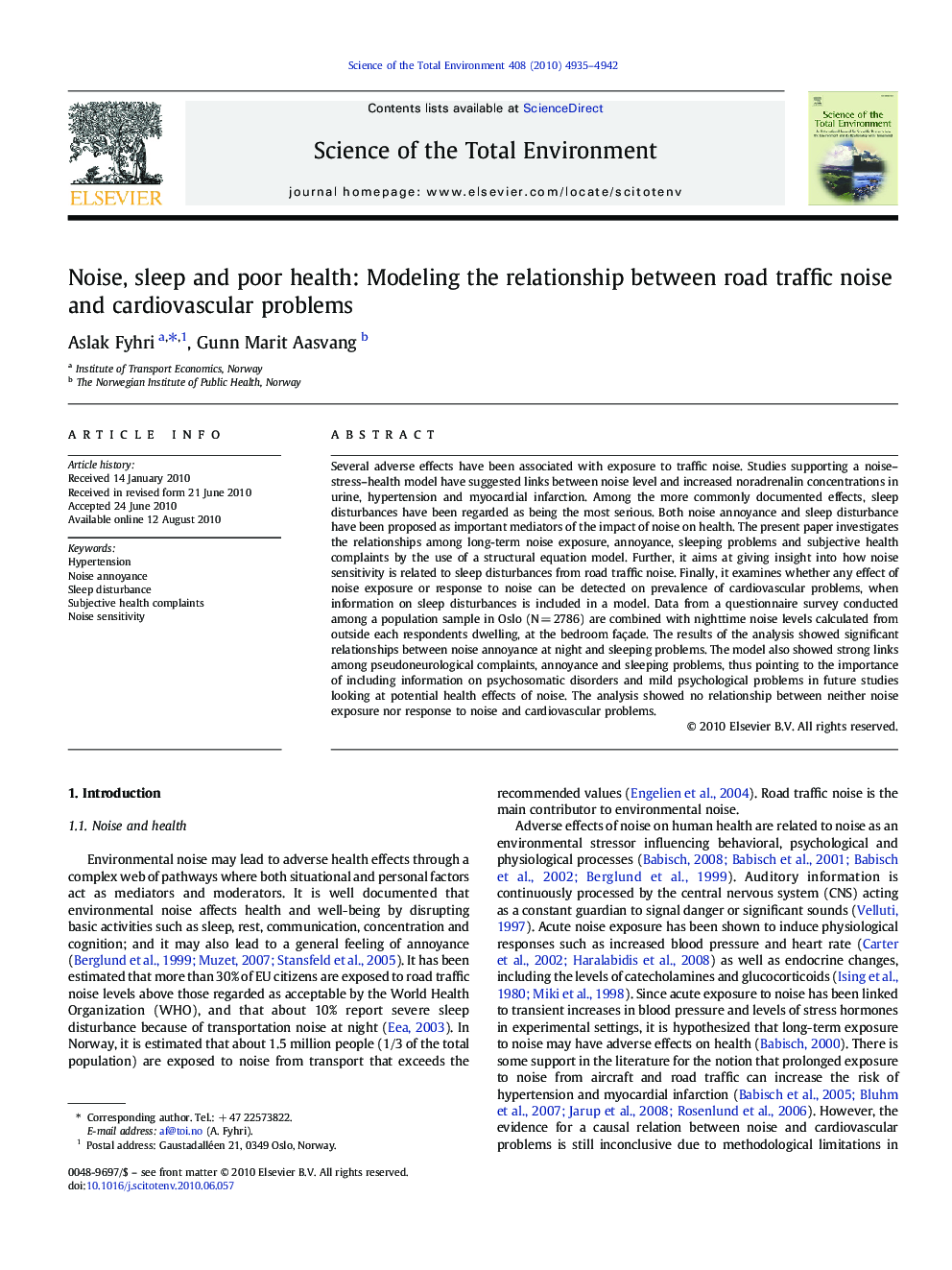 Noise, sleep and poor health: Modeling the relationship between road traffic noise and cardiovascular problems