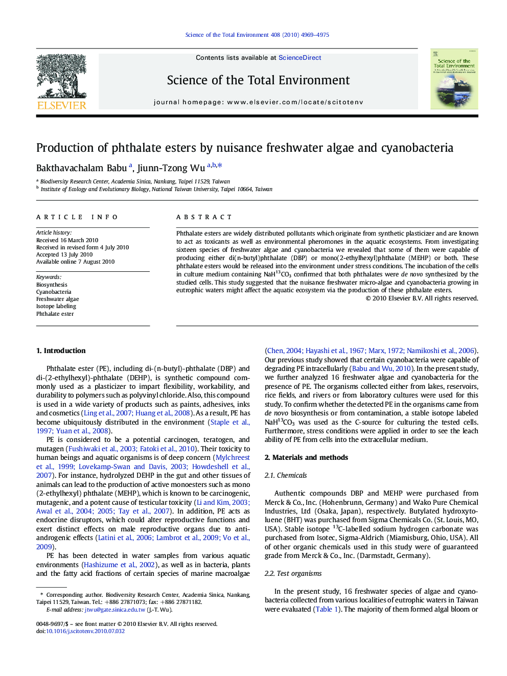 Production of phthalate esters by nuisance freshwater algae and cyanobacteria