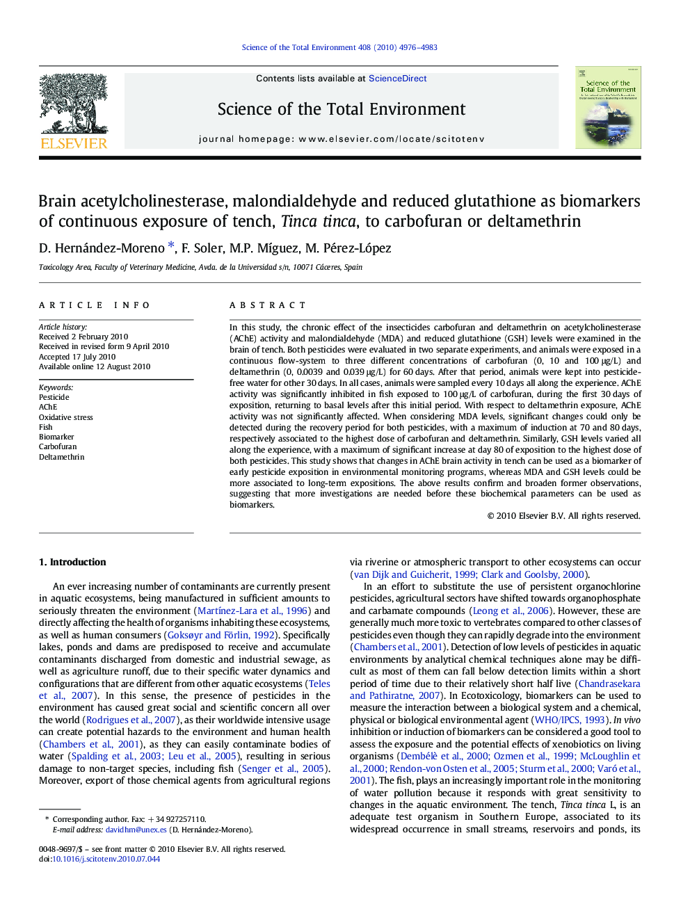 Brain acetylcholinesterase, malondialdehyde and reduced glutathione as biomarkers of continuous exposure of tench, Tinca tinca, to carbofuran or deltamethrin