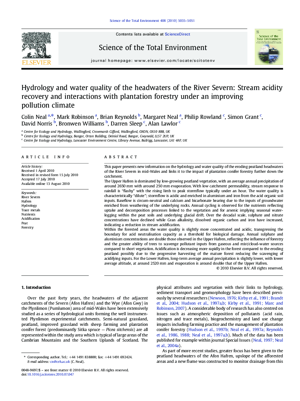 Hydrology and water quality of the headwaters of the River Severn: Stream acidity recovery and interactions with plantation forestry under an improving pollution climate