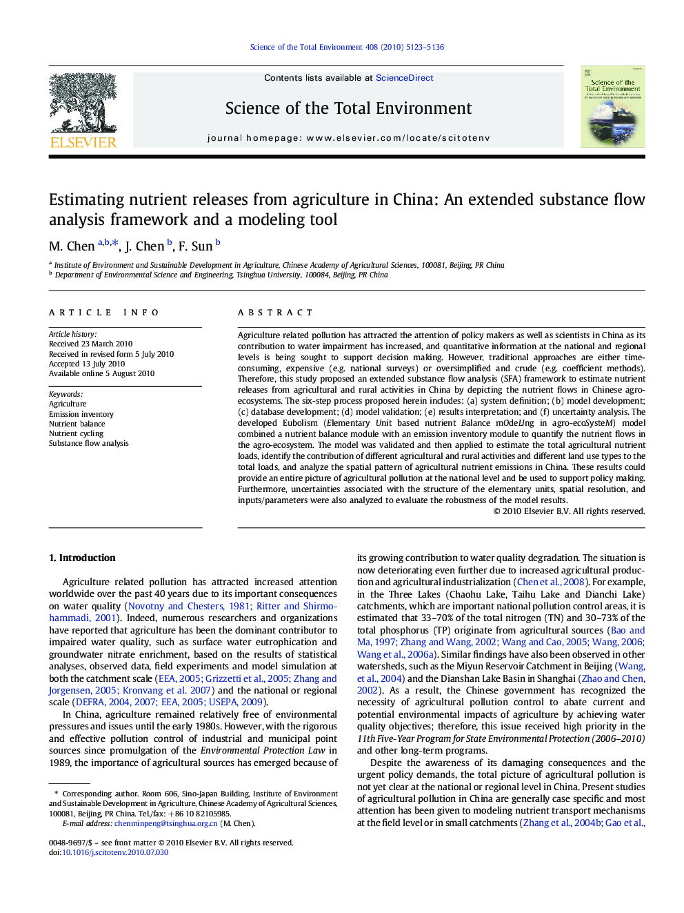 Estimating nutrient releases from agriculture in China: An extended substance flow analysis framework and a modeling tool