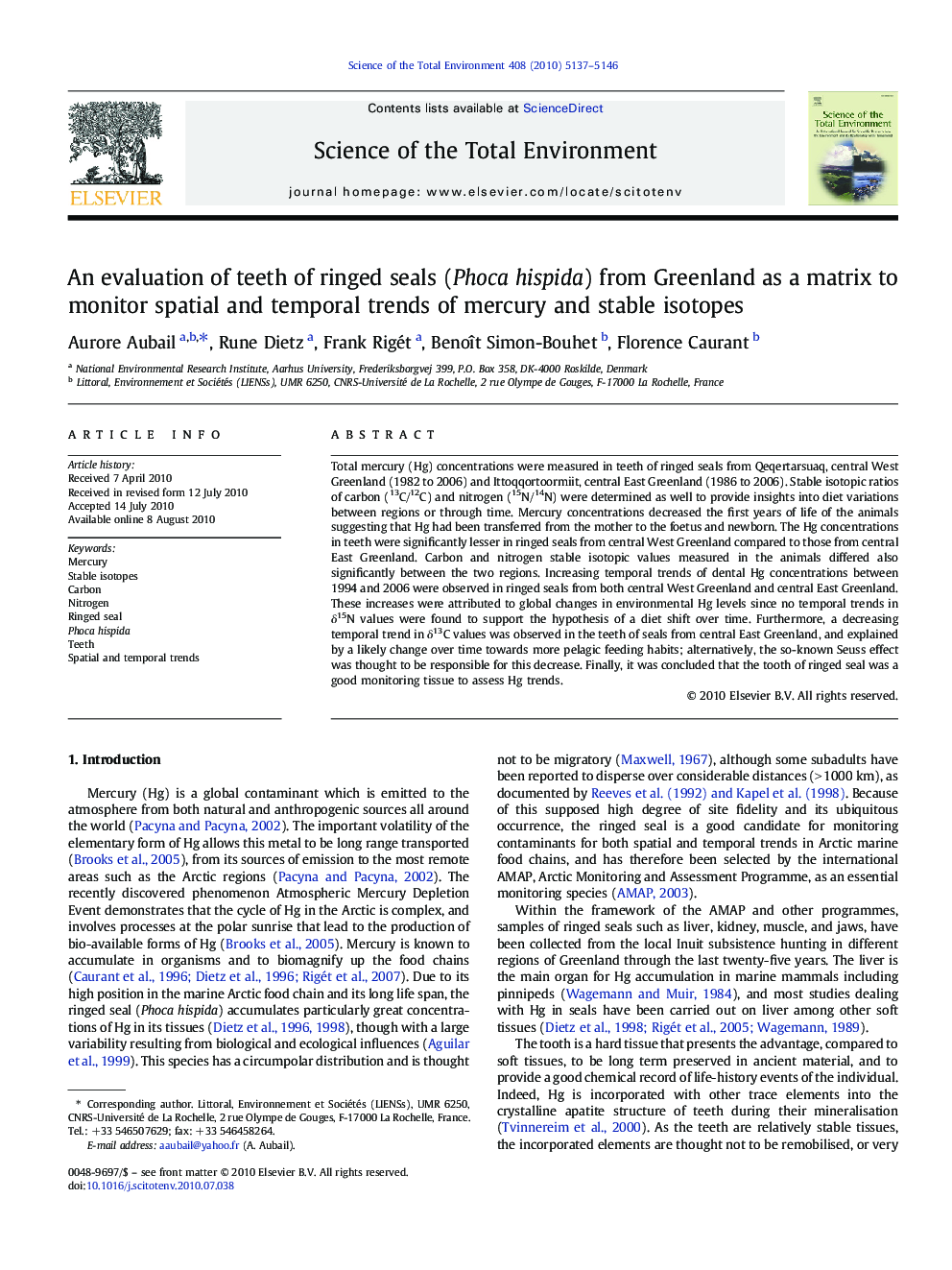 An evaluation of teeth of ringed seals (Phoca hispida) from Greenland as a matrix to monitor spatial and temporal trends of mercury and stable isotopes