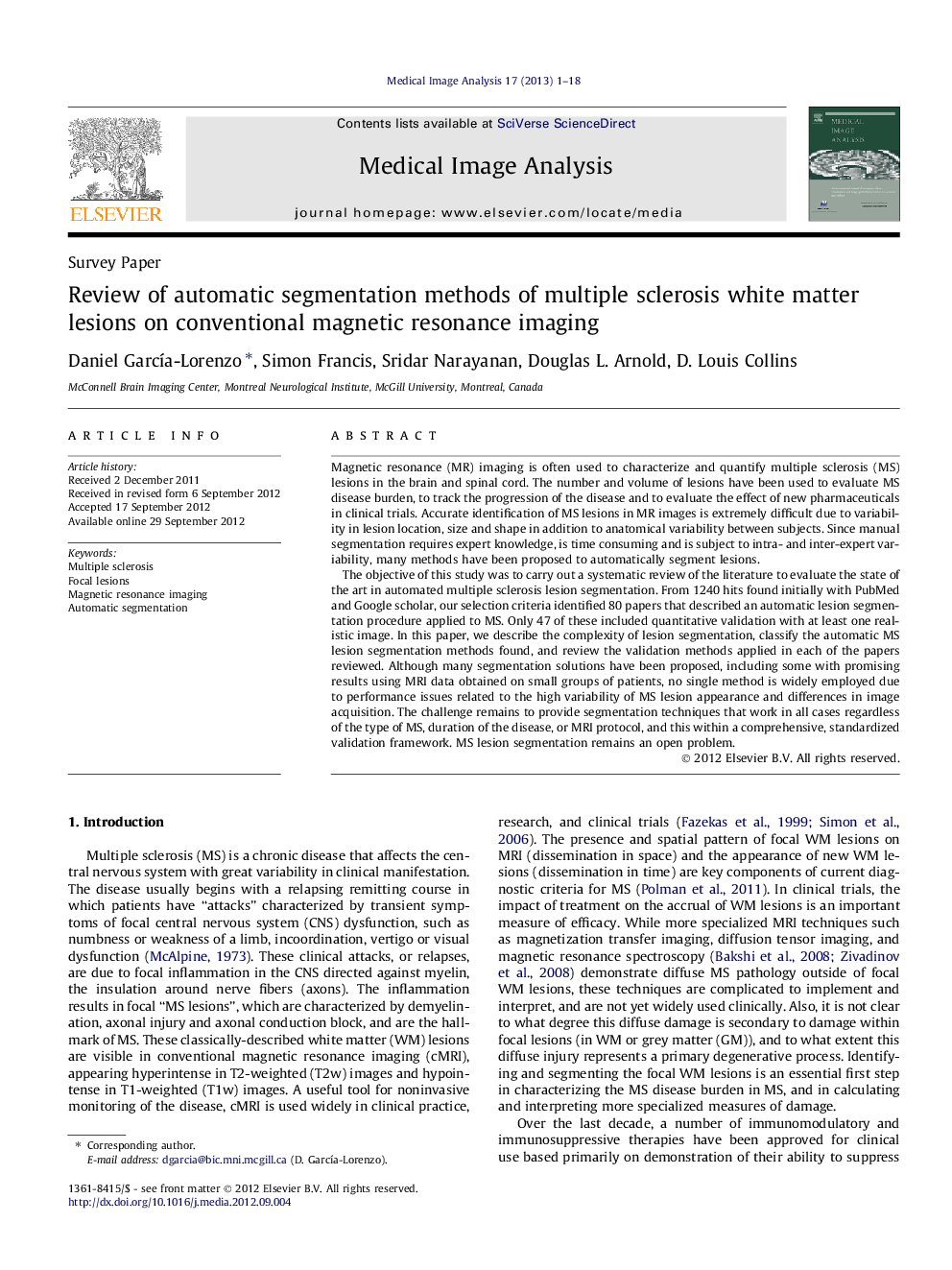 Review of automatic segmentation methods of multiple sclerosis white matter lesions on conventional magnetic resonance imaging