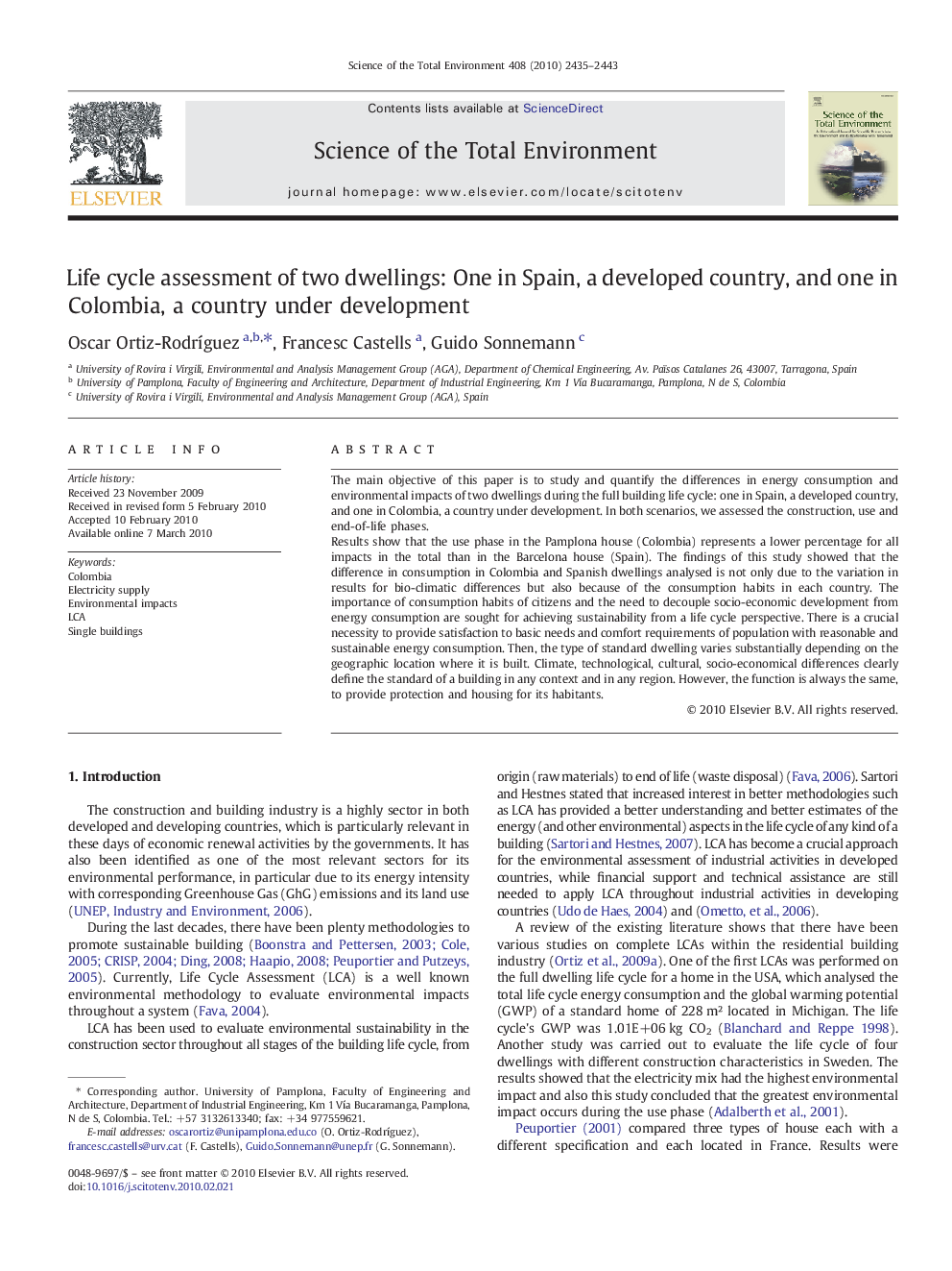 Life cycle assessment of two dwellings: One in Spain, a developed country, and one in Colombia, a country under development