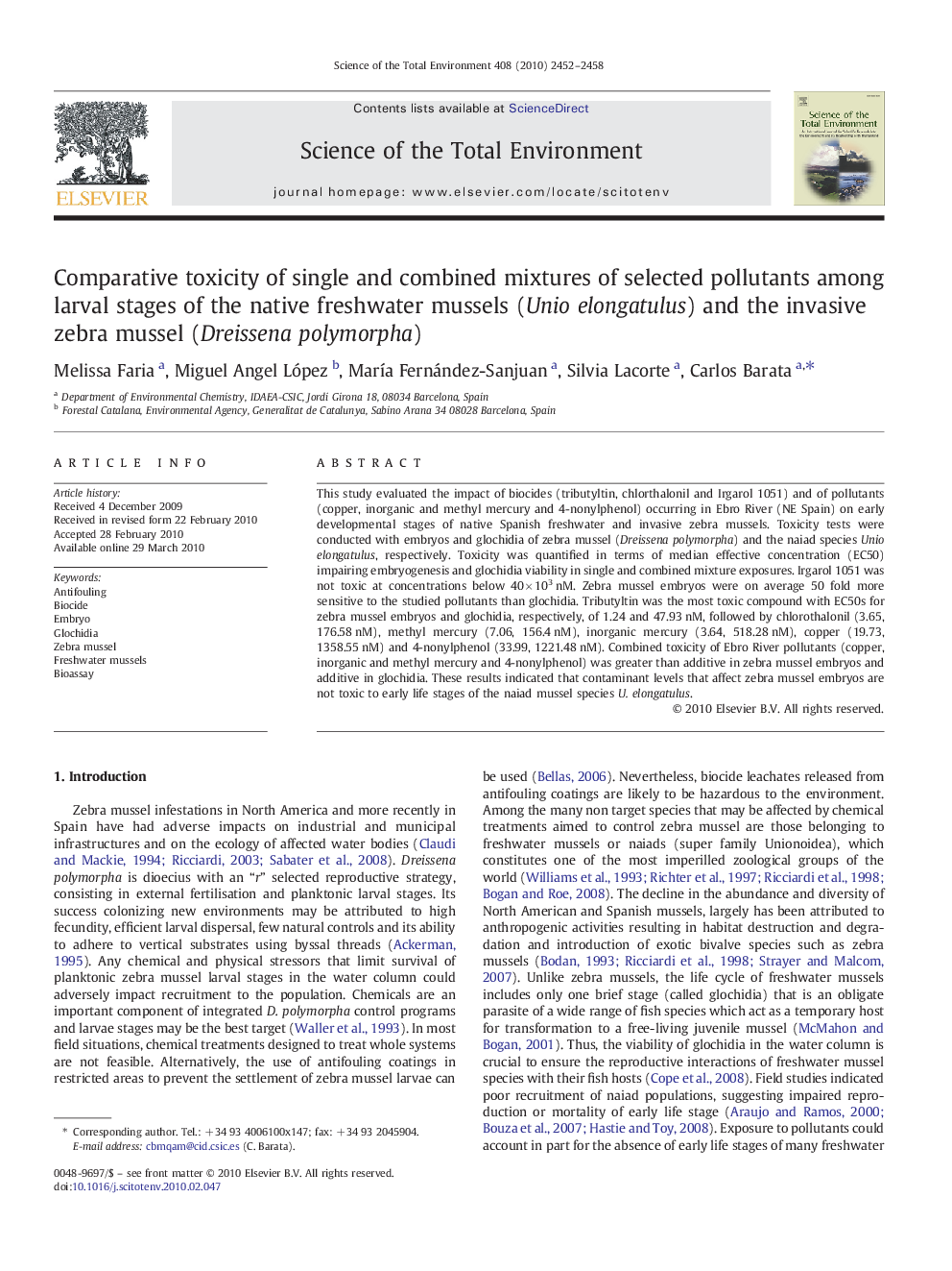 Comparative toxicity of single and combined mixtures of selected pollutants among larval stages of the native freshwater mussels (Unio elongatulus) and the invasive zebra mussel (Dreissena polymorpha)