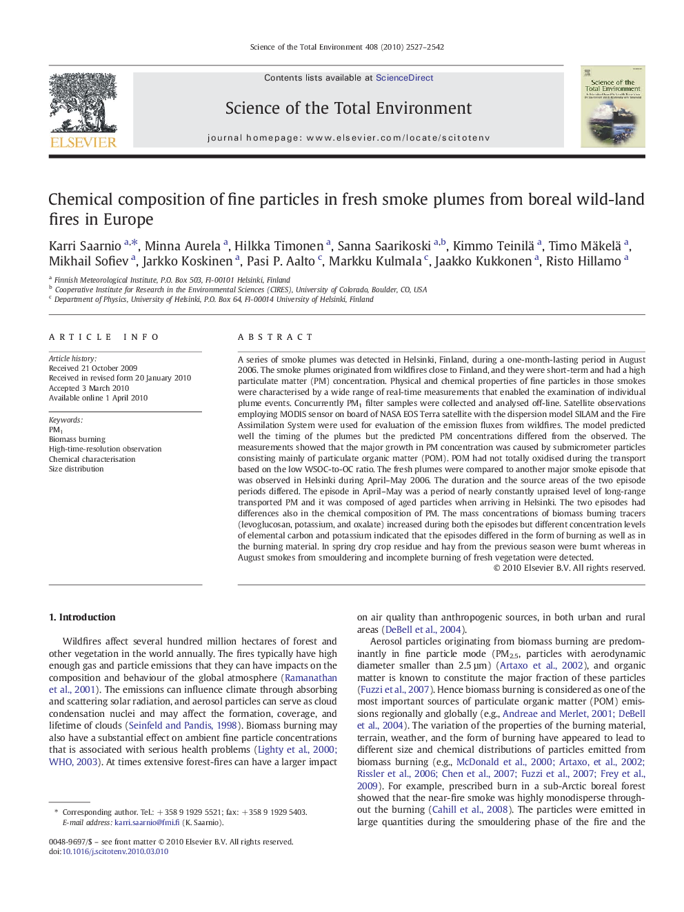 Chemical composition of fine particles in fresh smoke plumes from boreal wild-land fires in Europe