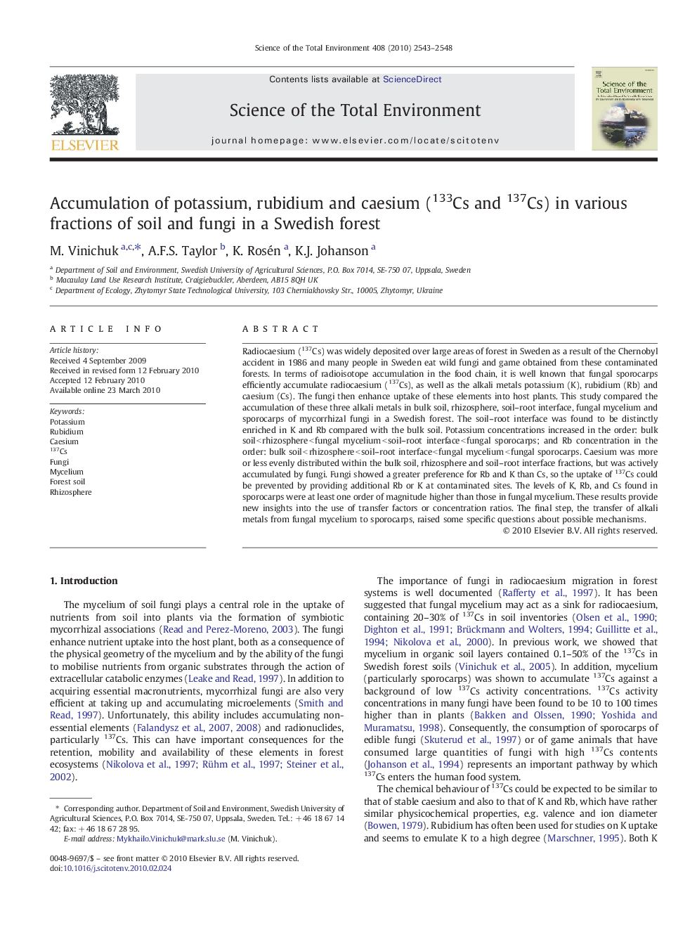 Accumulation of potassium, rubidium and caesium (133Cs and 137Cs) in various fractions of soil and fungi in a Swedish forest