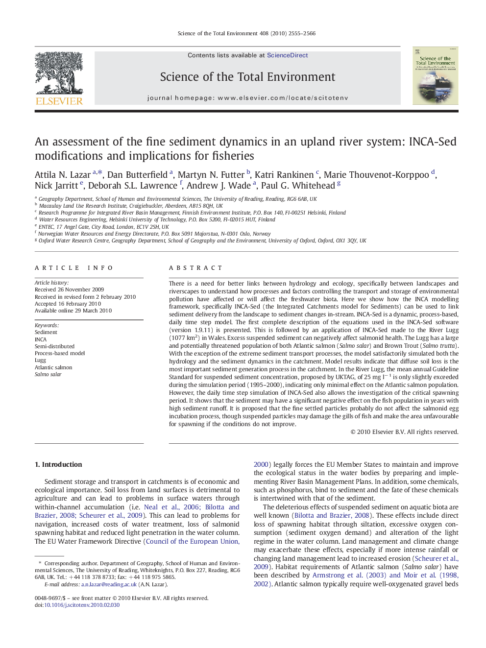 An assessment of the fine sediment dynamics in an upland river system: INCA-Sed modifications and implications for fisheries