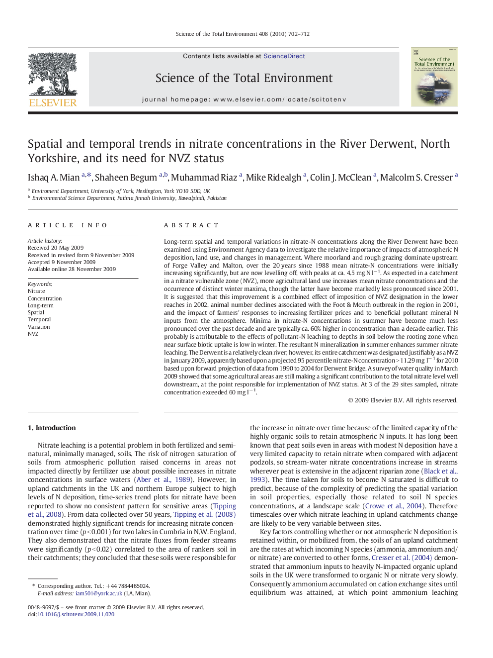 Spatial and temporal trends in nitrate concentrations in the River Derwent, North Yorkshire, and its need for NVZ status