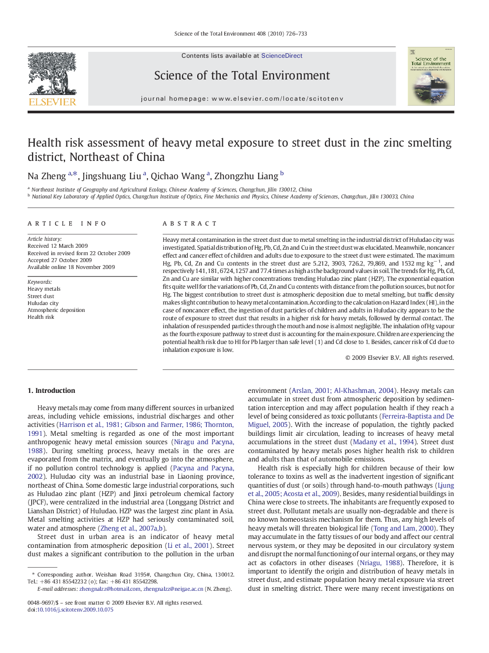 Health risk assessment of heavy metal exposure to street dust in the zinc smelting district, Northeast of China