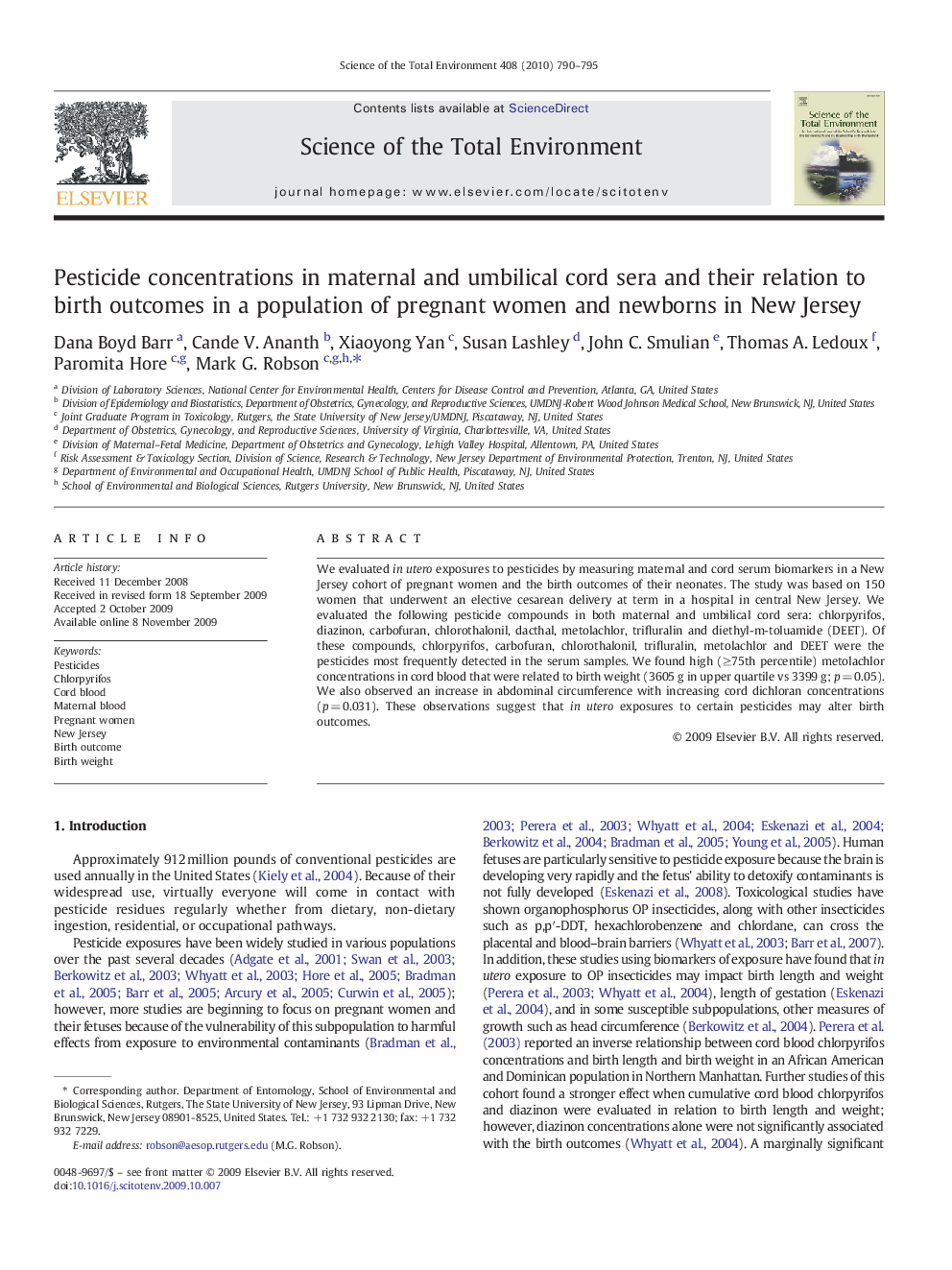 Pesticide concentrations in maternal and umbilical cord sera and their relation to birth outcomes in a population of pregnant women and newborns in New Jersey