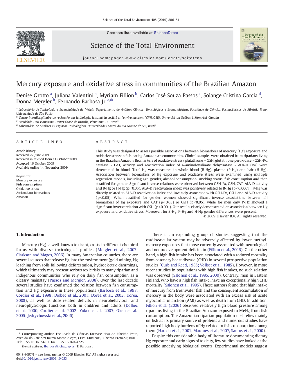 Mercury exposure and oxidative stress in communities of the Brazilian Amazon