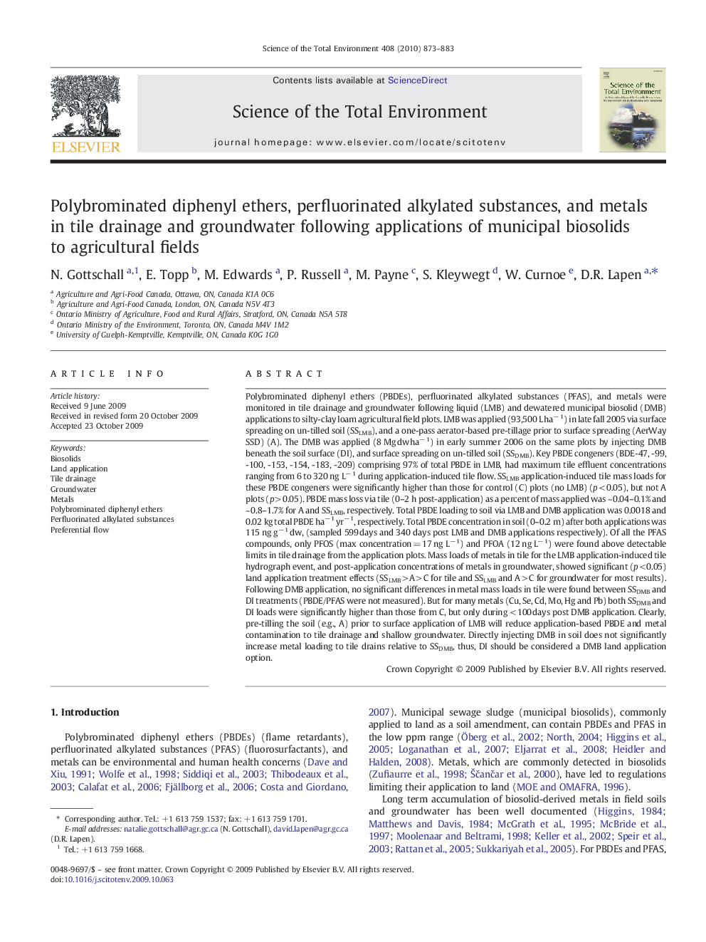 Polybrominated diphenyl ethers, perfluorinated alkylated substances, and metals in tile drainage and groundwater following applications of municipal biosolids to agricultural fields