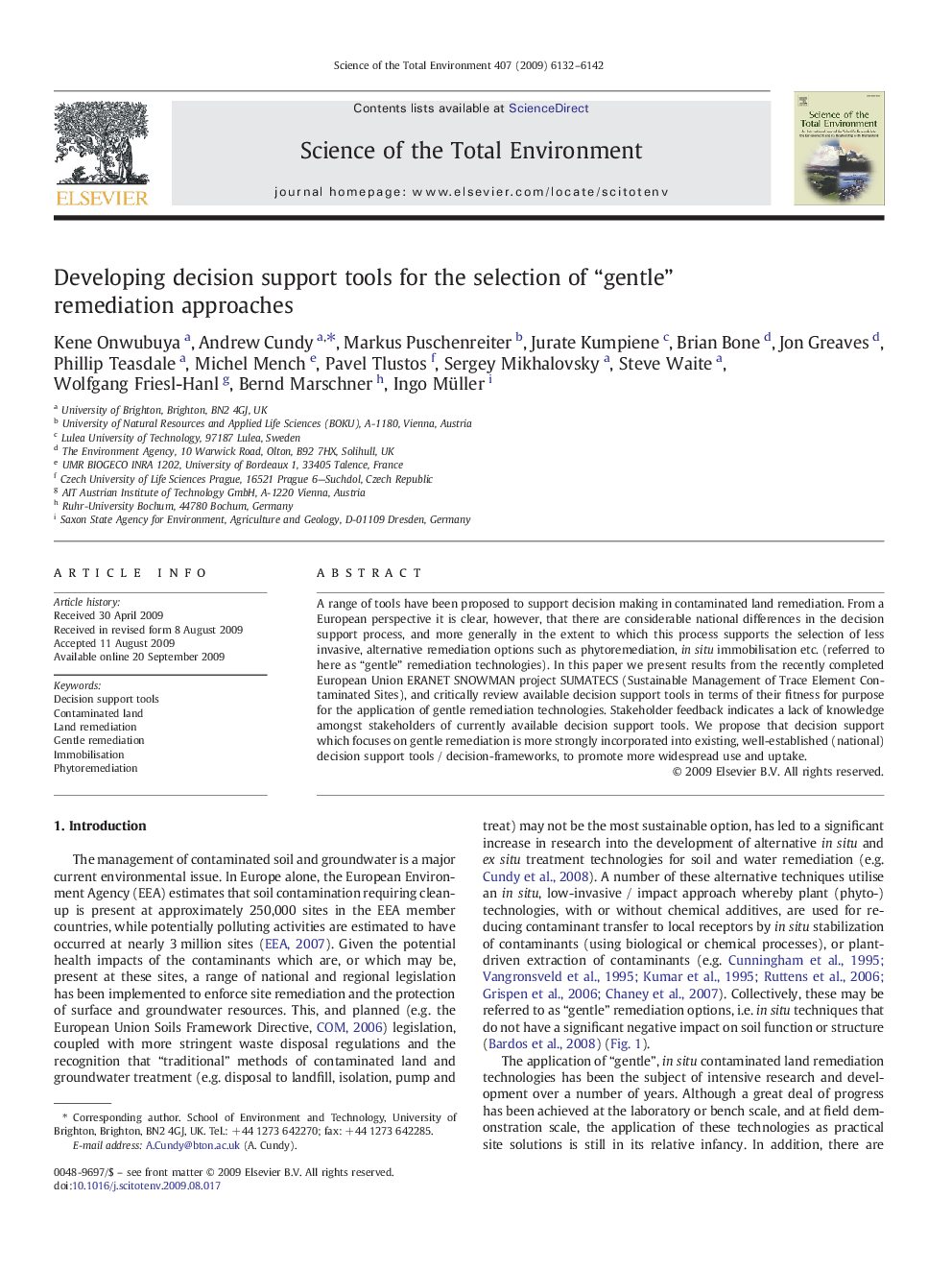 Developing decision support tools for the selection of “gentle” remediation approaches