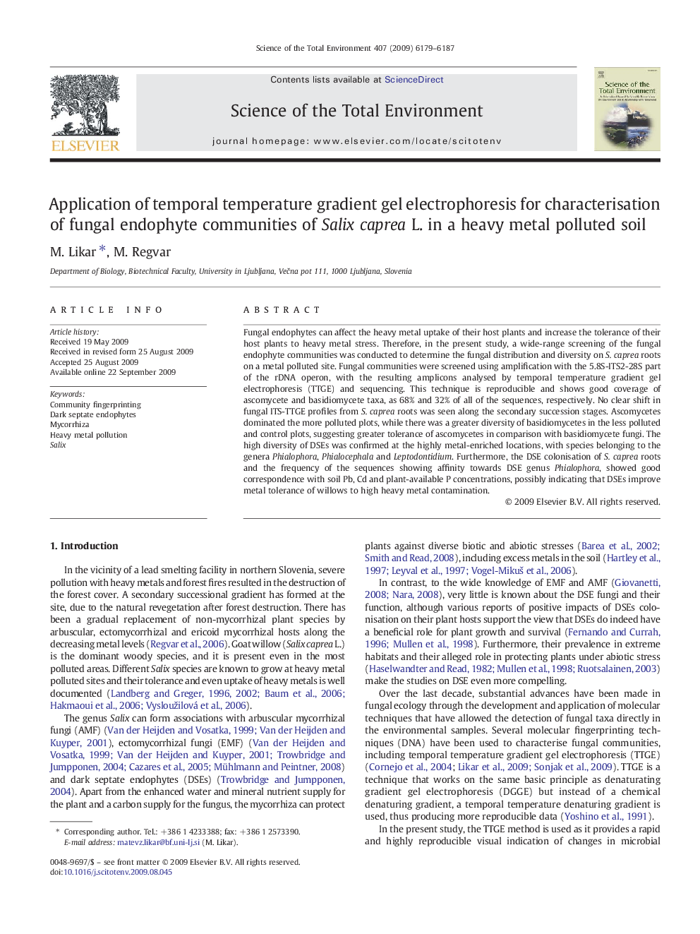 Application of temporal temperature gradient gel electrophoresis for characterisation of fungal endophyte communities of Salix caprea L. in a heavy metal polluted soil