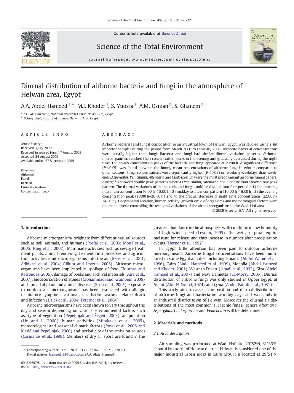 Diurnal distribution of airborne bacteria and fungi in the atmosphere of Helwan area, Egypt