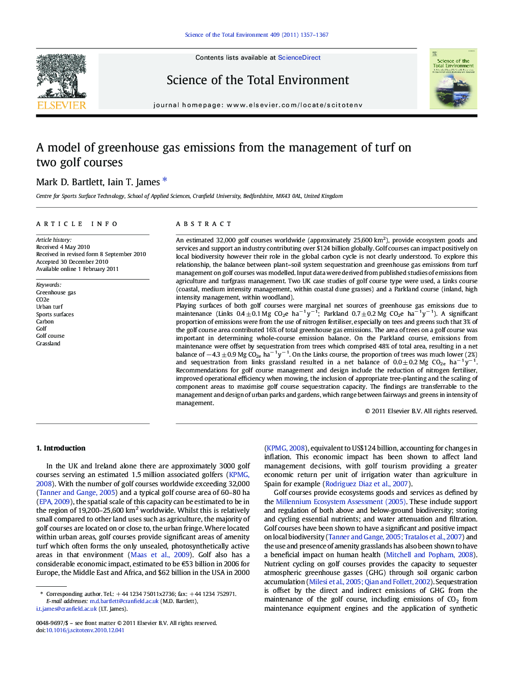 A model of greenhouse gas emissions from the management of turf on two golf courses