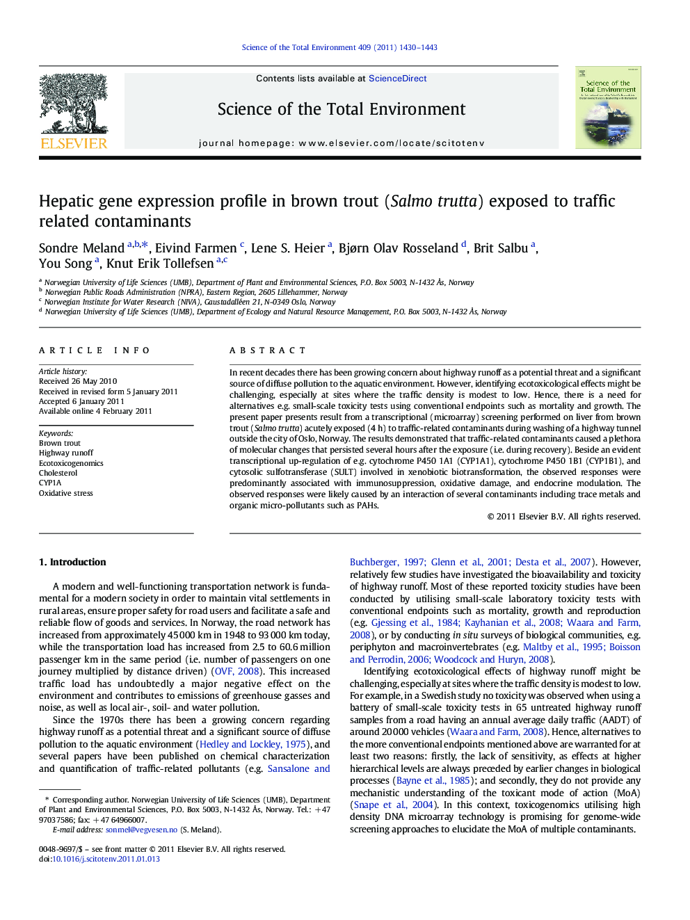 Hepatic gene expression profile in brown trout (Salmo trutta) exposed to traffic related contaminants