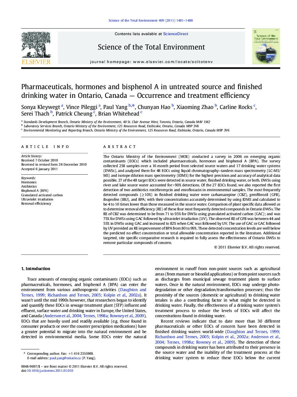 Pharmaceuticals, hormones and bisphenol A in untreated source and finished drinking water in Ontario, Canada — Occurrence and treatment efficiency