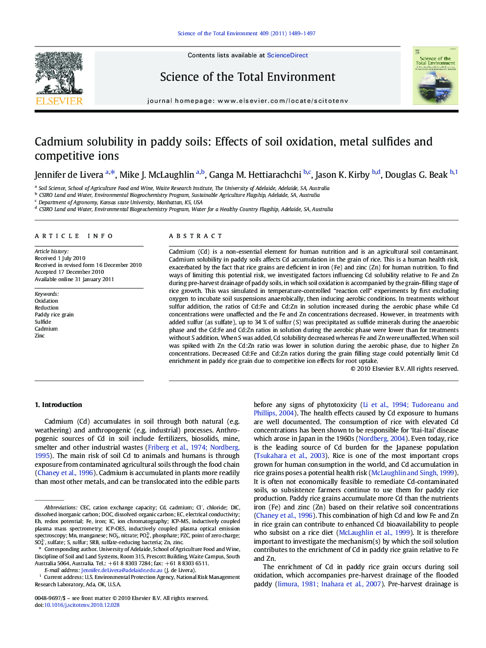 Cadmium solubility in paddy soils: Effects of soil oxidation, metal sulfides and competitive ions