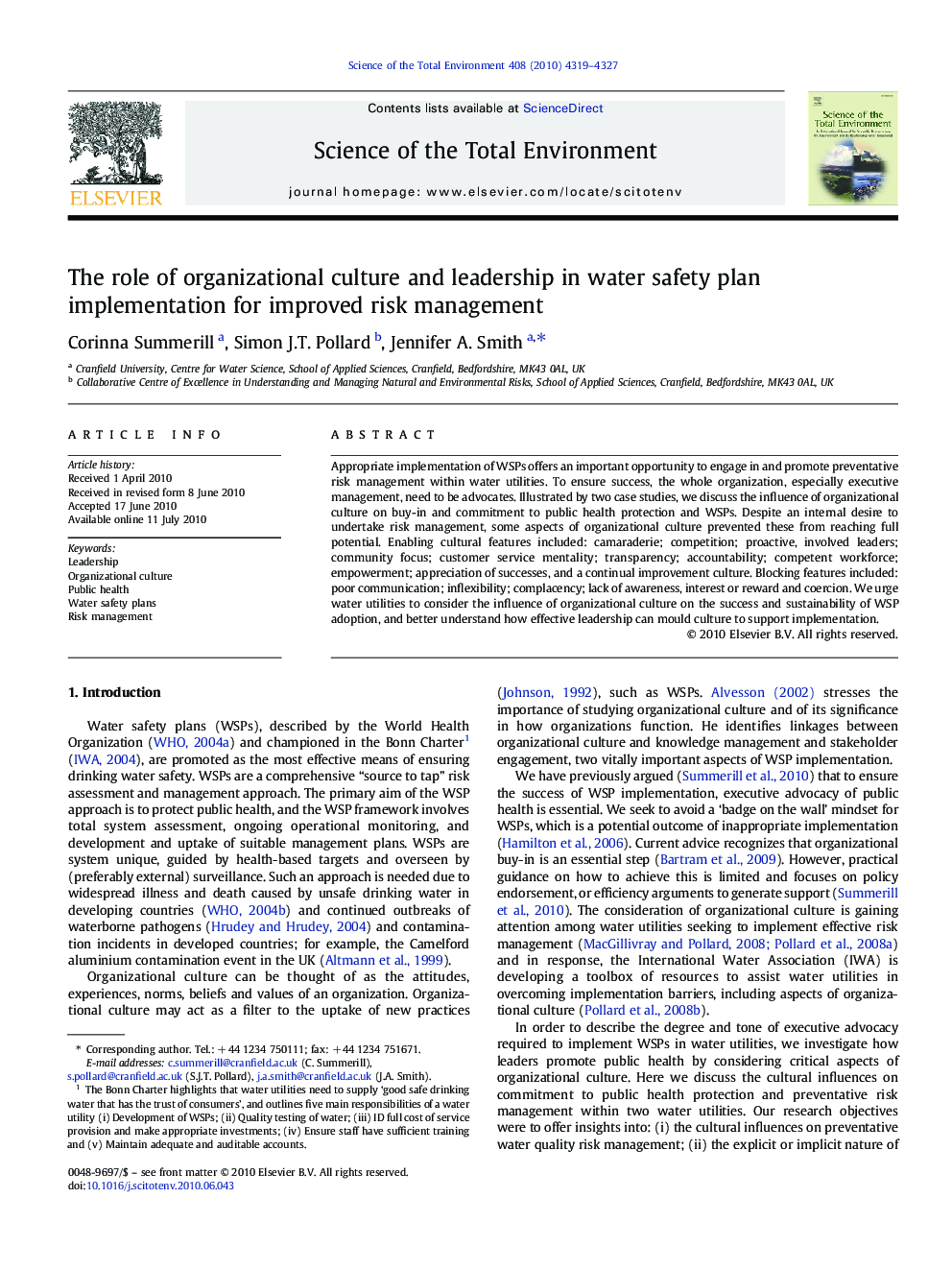 The role of organizational culture and leadership in water safety plan implementation for improved risk management