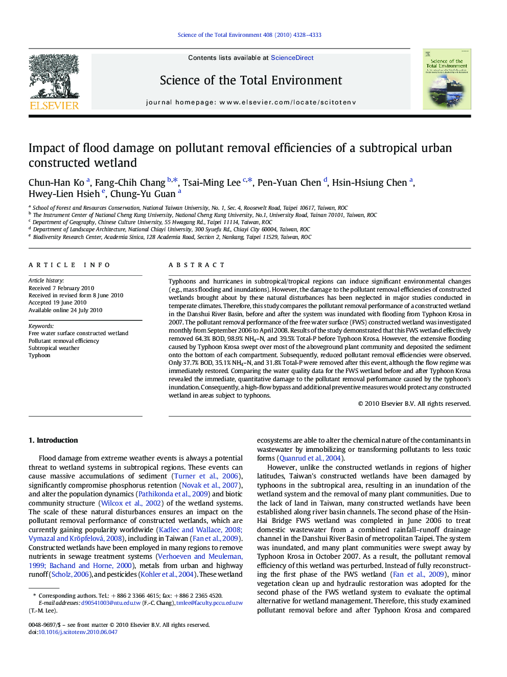 Impact of flood damage on pollutant removal efficiencies of a subtropical urban constructed wetland