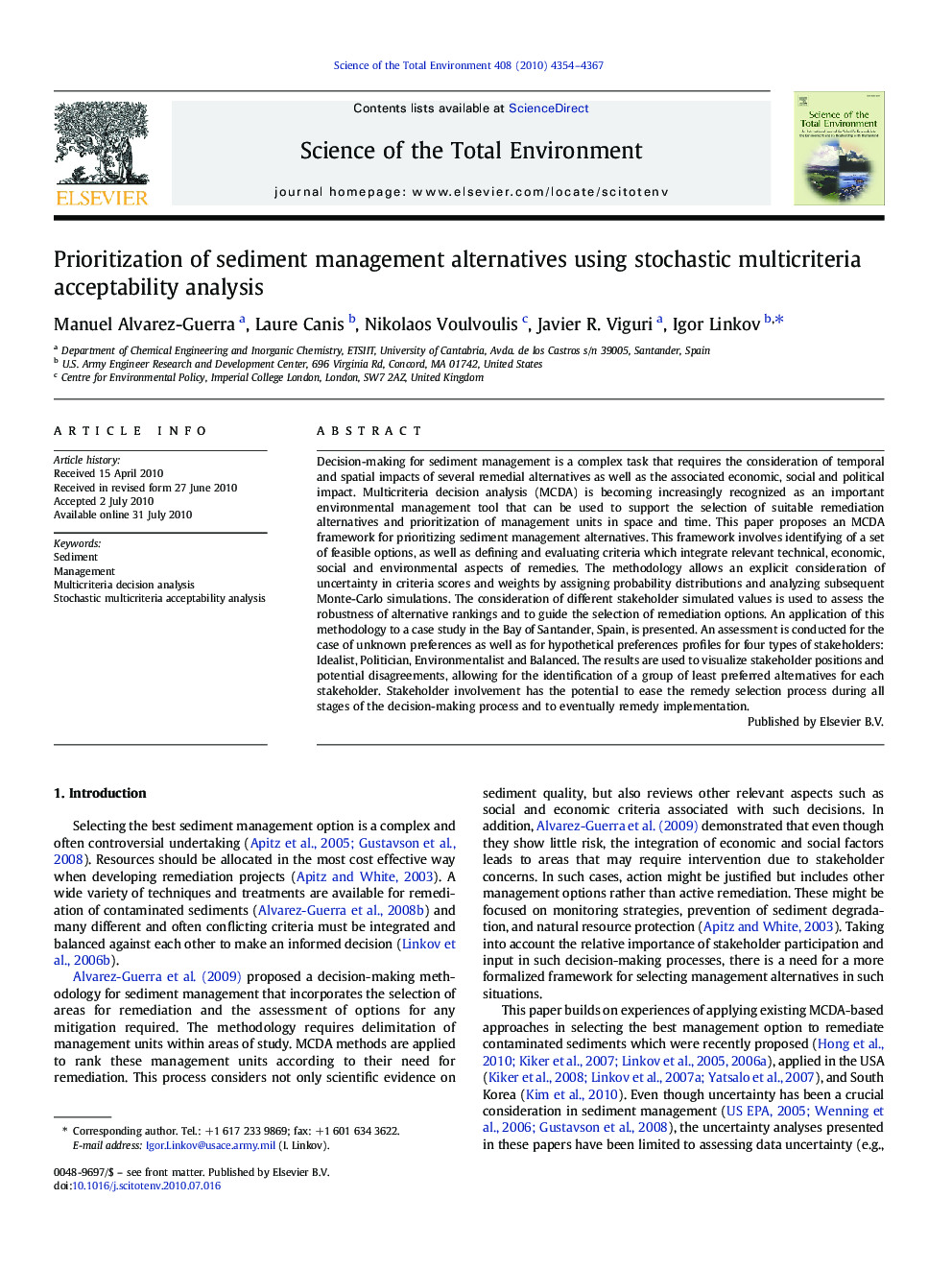 Prioritization of sediment management alternatives using stochastic multicriteria acceptability analysis
