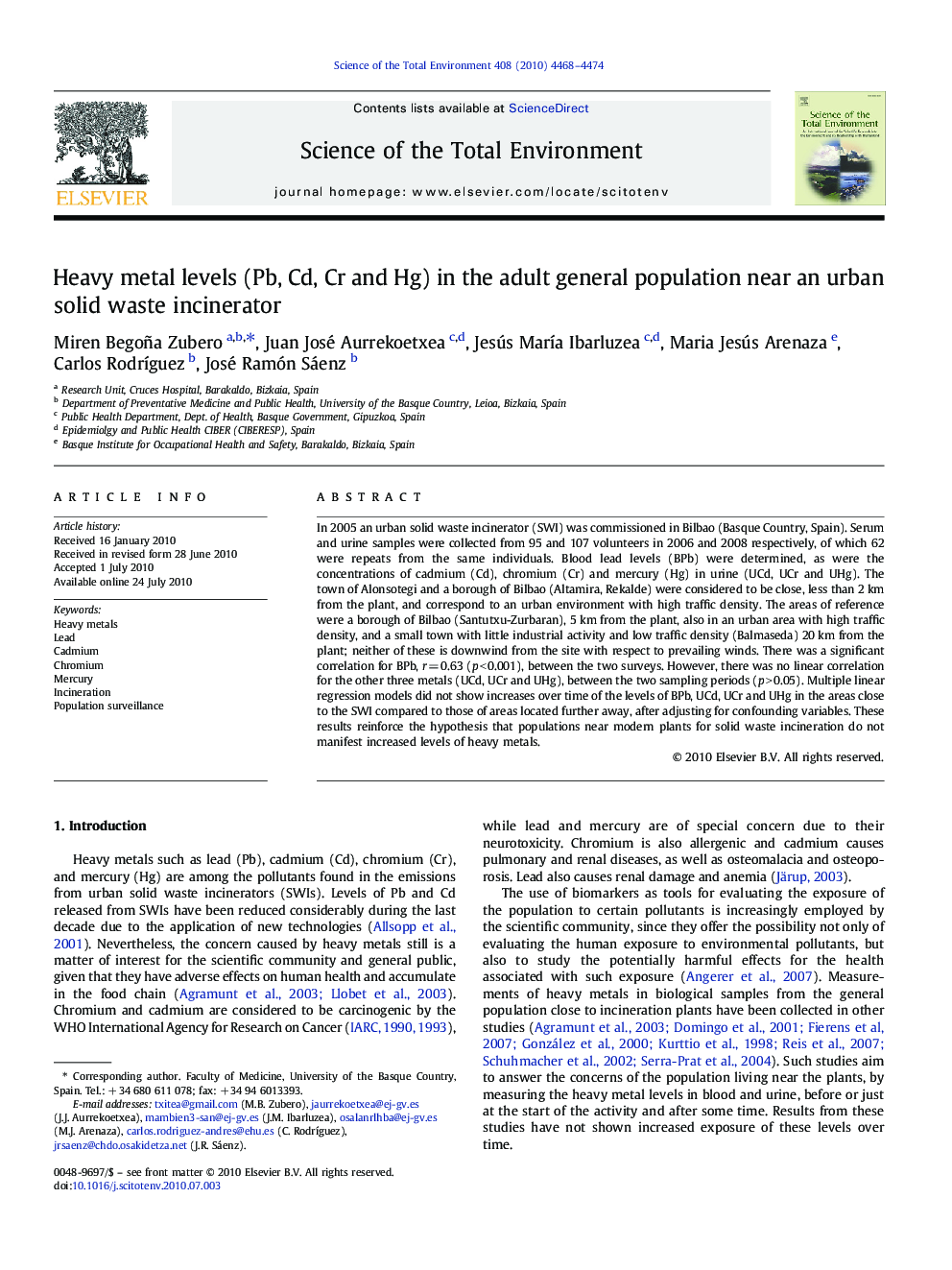 Heavy metal levels (Pb, Cd, Cr and Hg) in the adult general population near an urban solid waste incinerator