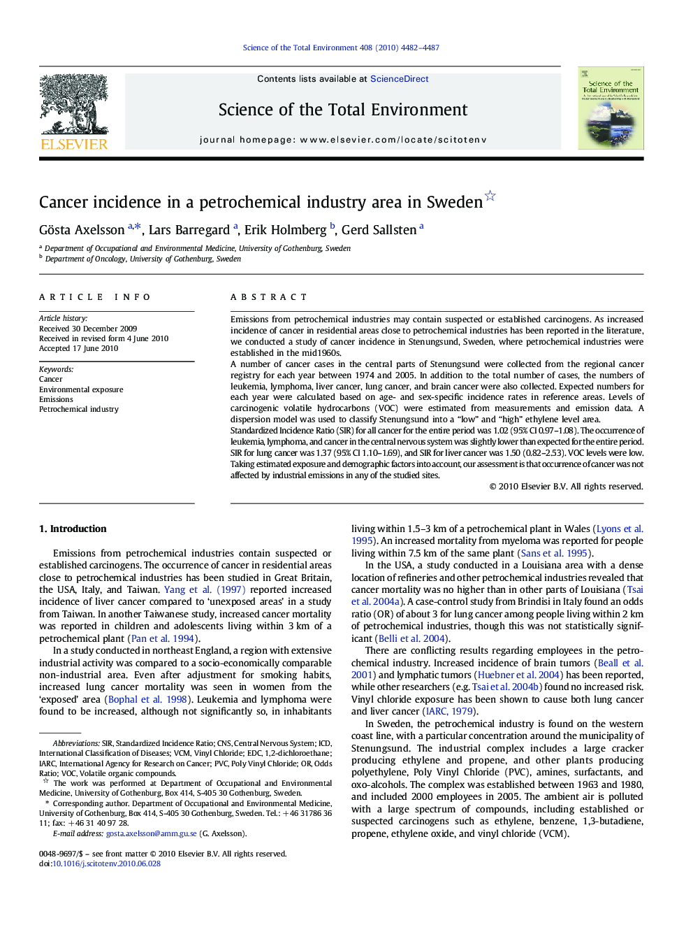 Cancer incidence in a petrochemical industry area in Sweden 