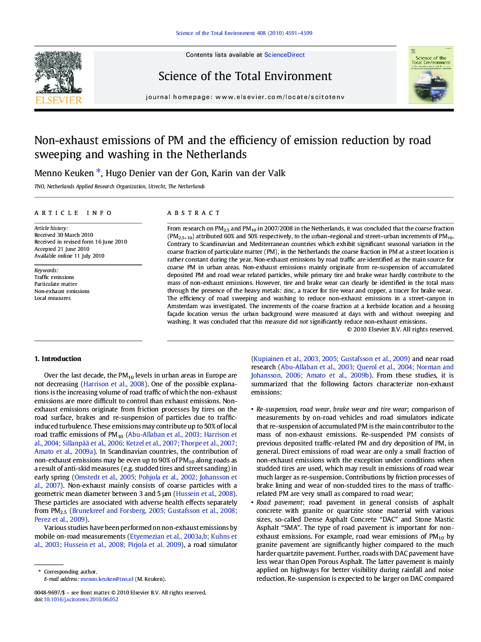 Non-exhaust emissions of PM and the efficiency of emission reduction by road sweeping and washing in the Netherlands