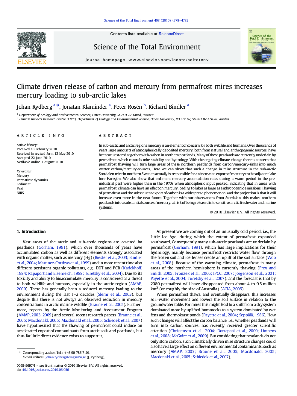 Climate driven release of carbon and mercury from permafrost mires increases mercury loading to sub-arctic lakes