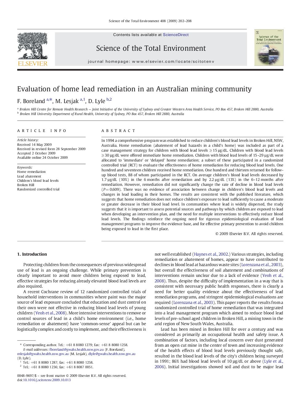 Evaluation of home lead remediation in an Australian mining community