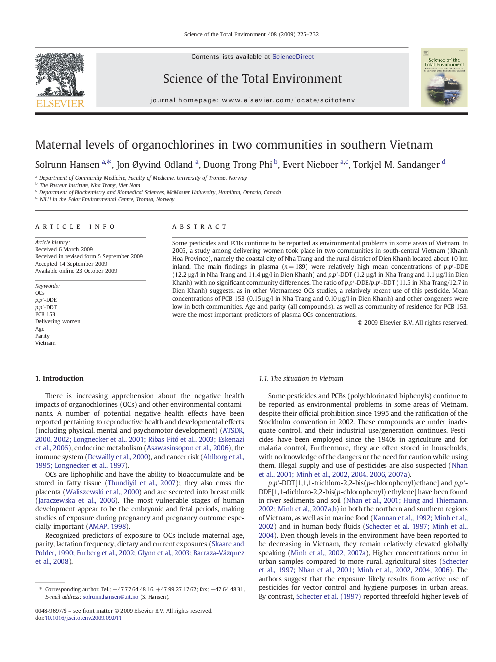 Maternal levels of organochlorines in two communities in southern Vietnam