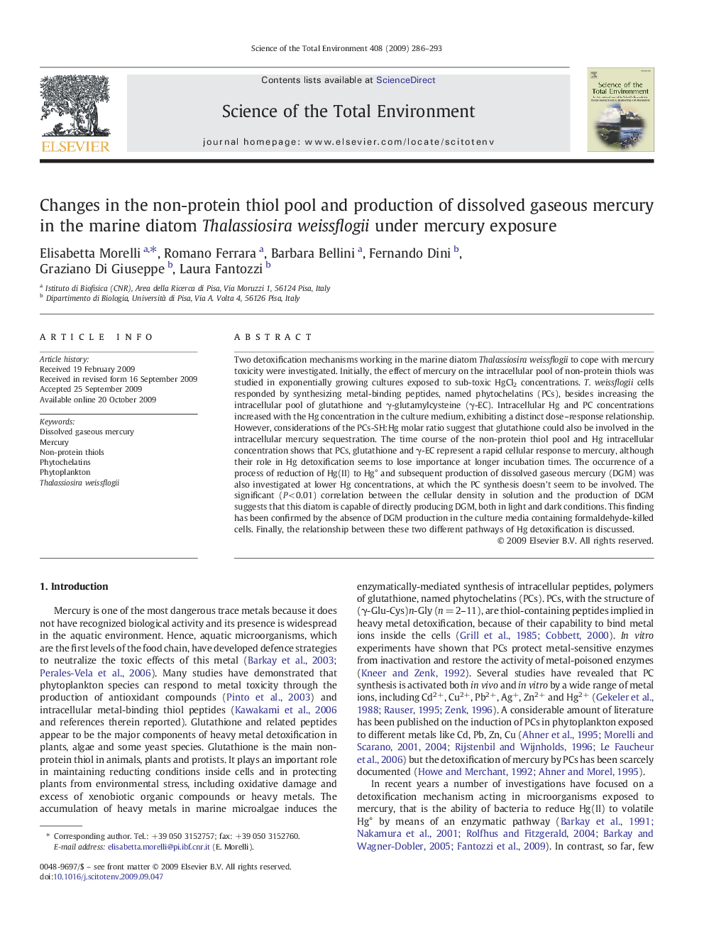 Changes in the non-protein thiol pool and production of dissolved gaseous mercury in the marine diatom Thalassiosira weissflogii under mercury exposure