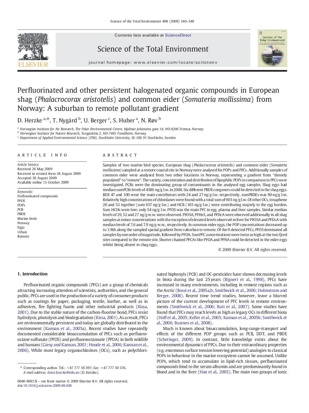 Perfluorinated and other persistent halogenated organic compounds in European shag (Phalacrocorax aristotelis) and common eider (Somateria mollissima) from Norway: A suburban to remote pollutant gradient