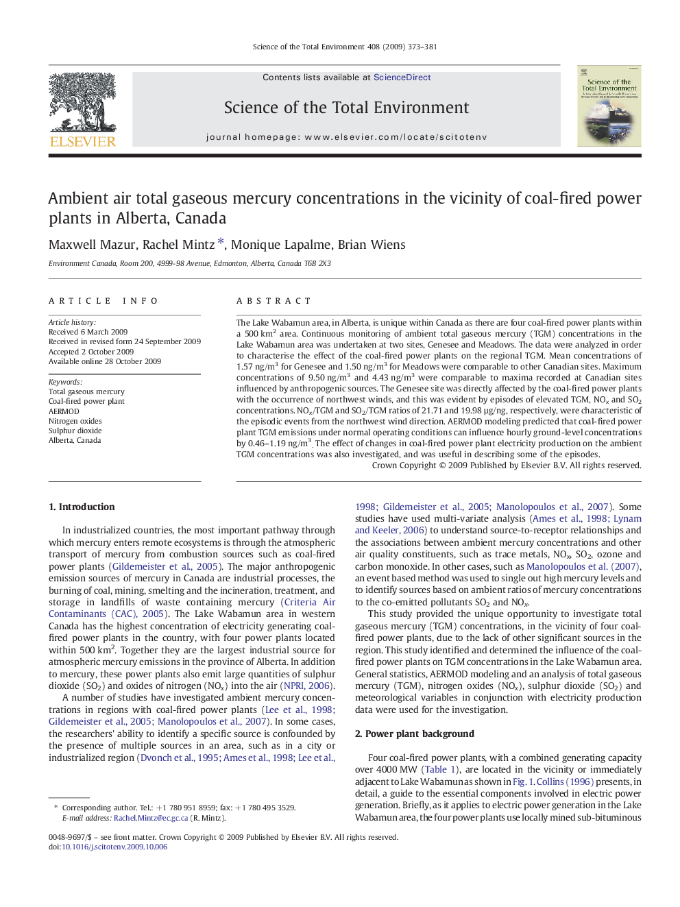 Ambient air total gaseous mercury concentrations in the vicinity of coal-fired power plants in Alberta, Canada