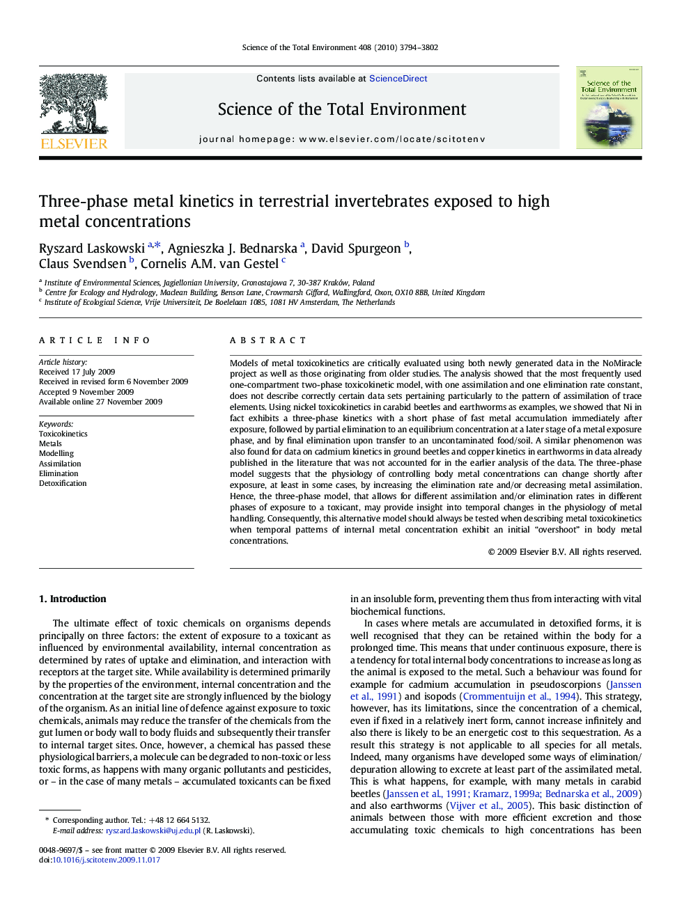 Three-phase metal kinetics in terrestrial invertebrates exposed to high metal concentrations